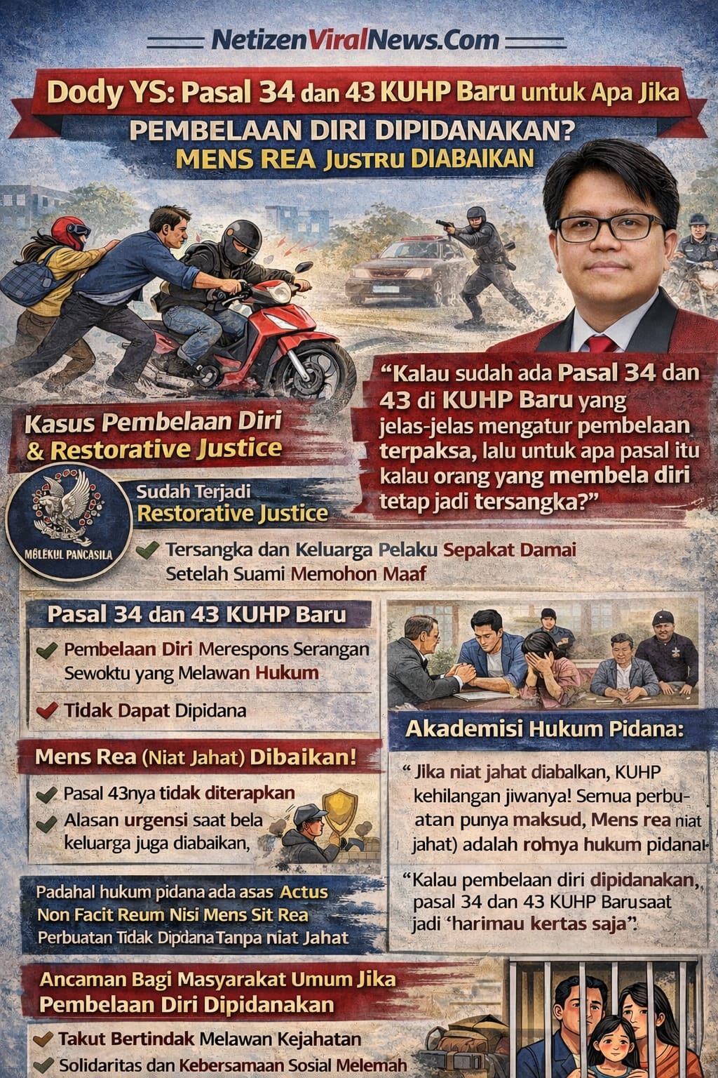 Dody YS: Pasal 34 dan 43 KUHP Baru untuk Apa Jika Pembelaan Diri Dipidanakan? Mens Rea Justru Diabaikan